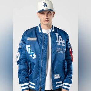 NEW ERA X ALPHA INDUSTRIES- DOGERS BOMBER JACKET BLUE MEN SZ SMALL NEW IN BAG